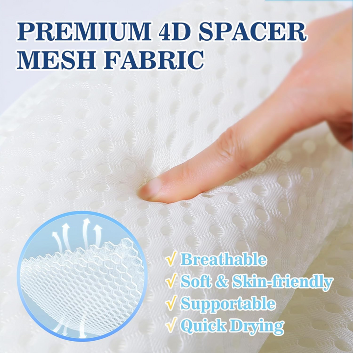 Close-up of Ozyalo bath pillow 4D spacer mesh fabric; breathable, soft and skin-friendly material designed to dry fast.