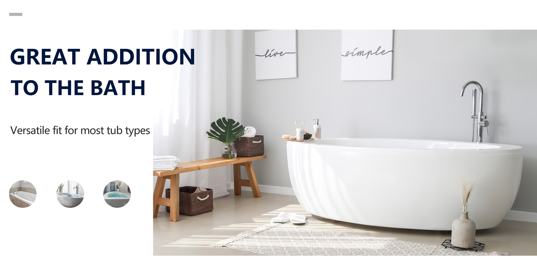 Bright modern bathroom with a freestanding bathtub, highlighting that the Ozyalo bath pillow fits most tub types.