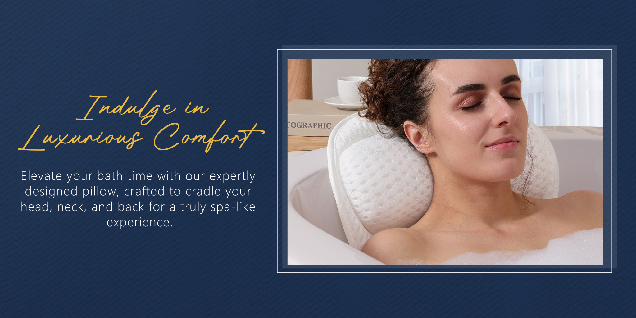 Woman relaxing in a bathtub using the Ozyalo bath pillow for tub, showing ergonomic head, neck and back support.