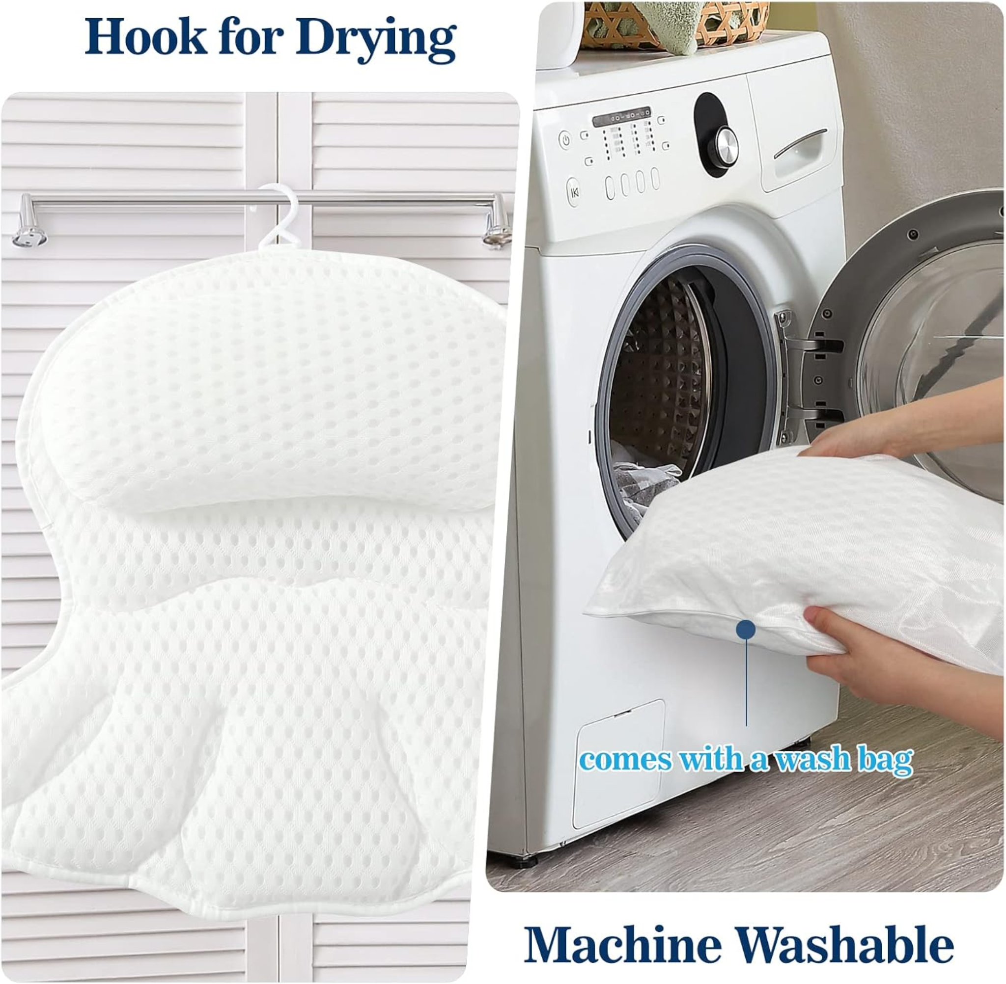 Ozyalo bath pillow shown hanging to dry and being washed with the included wash bag; easy-care, machine washable design.