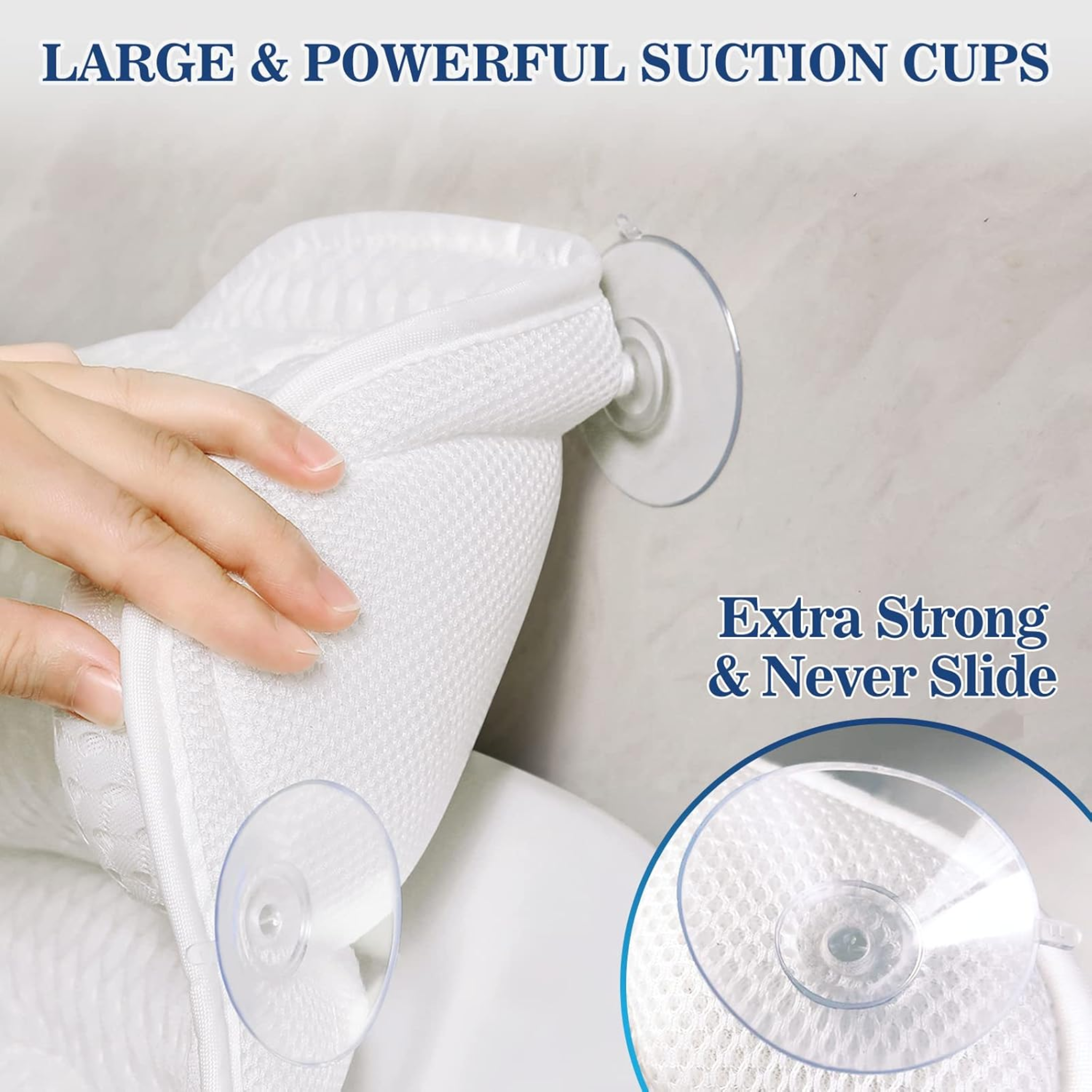 Close-up of Ozyalo bathtub pillow with large suction cups for a secure non-slip hold on the tub wall.