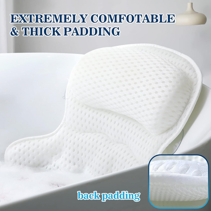 Ozyalo bath pillow displayed on a bathtub showing thick padding for comfortable head, neck and lower back support.