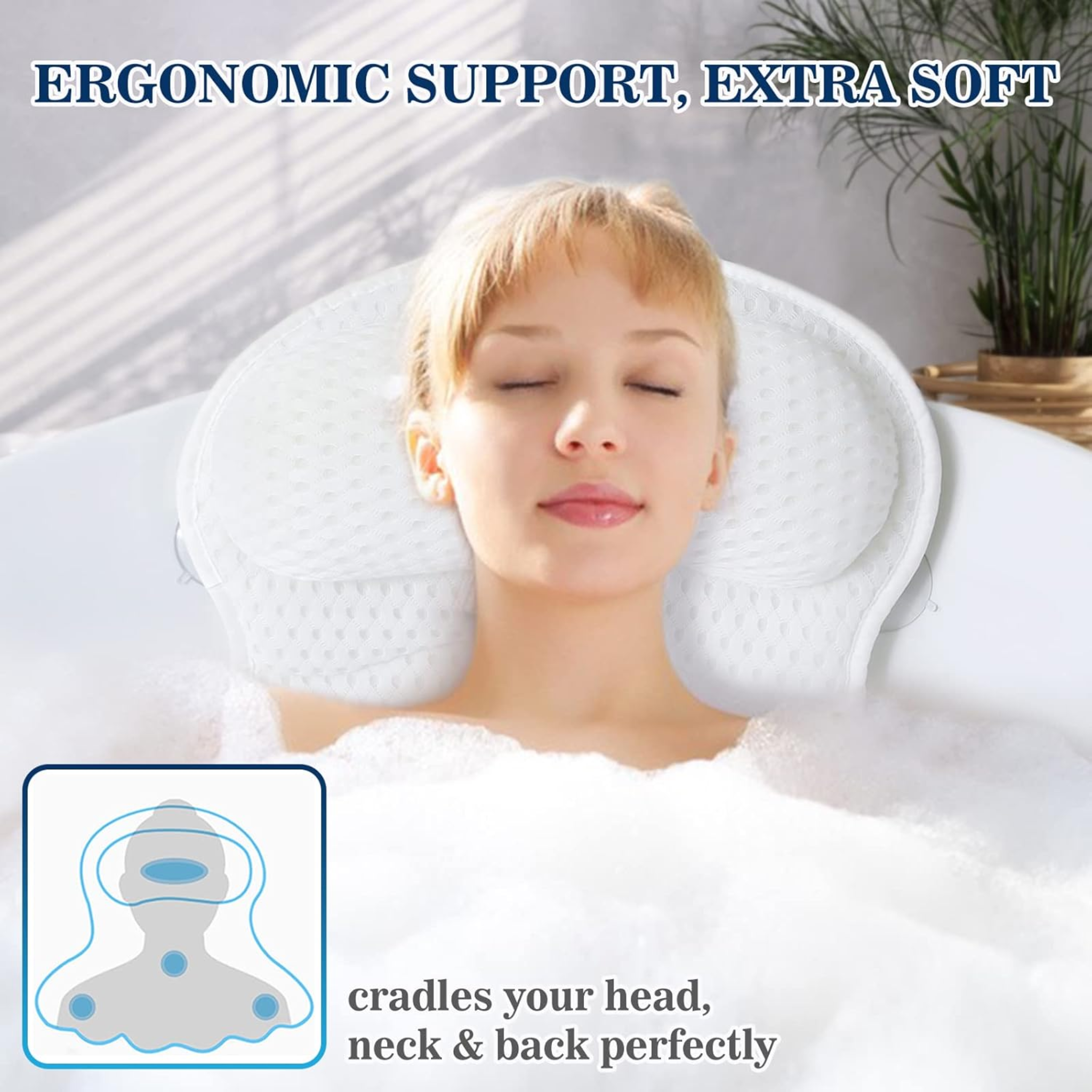 Woman relaxing in a bubble bath using the Ozyalo bathtub pillow; soft white 4D mesh headrest supports neck and back.